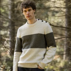 Pulls*FAGUO Pull Col Boutonne Ecru & Vert