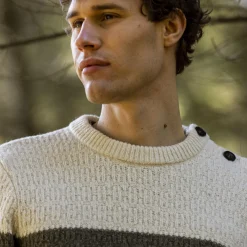 Pulls*FAGUO Pull Col Boutonne Ecru & Vert