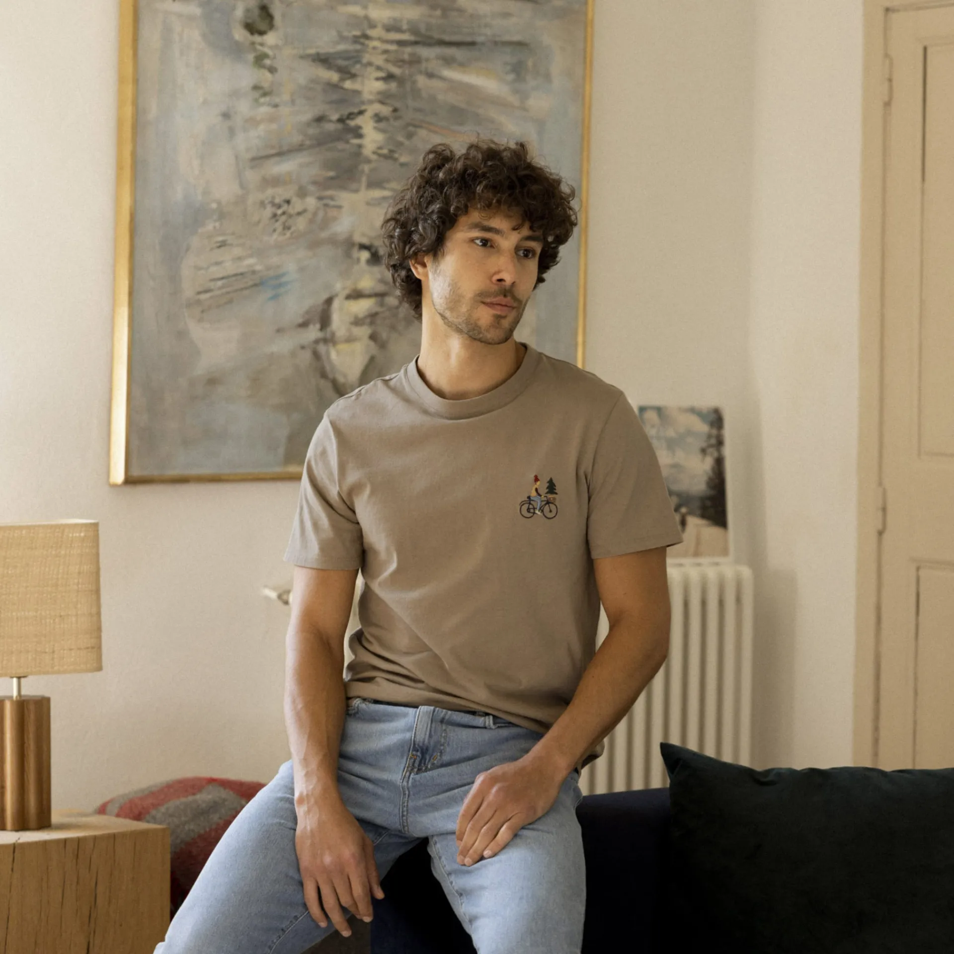 T-Shirts*FAGUO T-Shirt Col Rond Beige Clair Broderie Velo