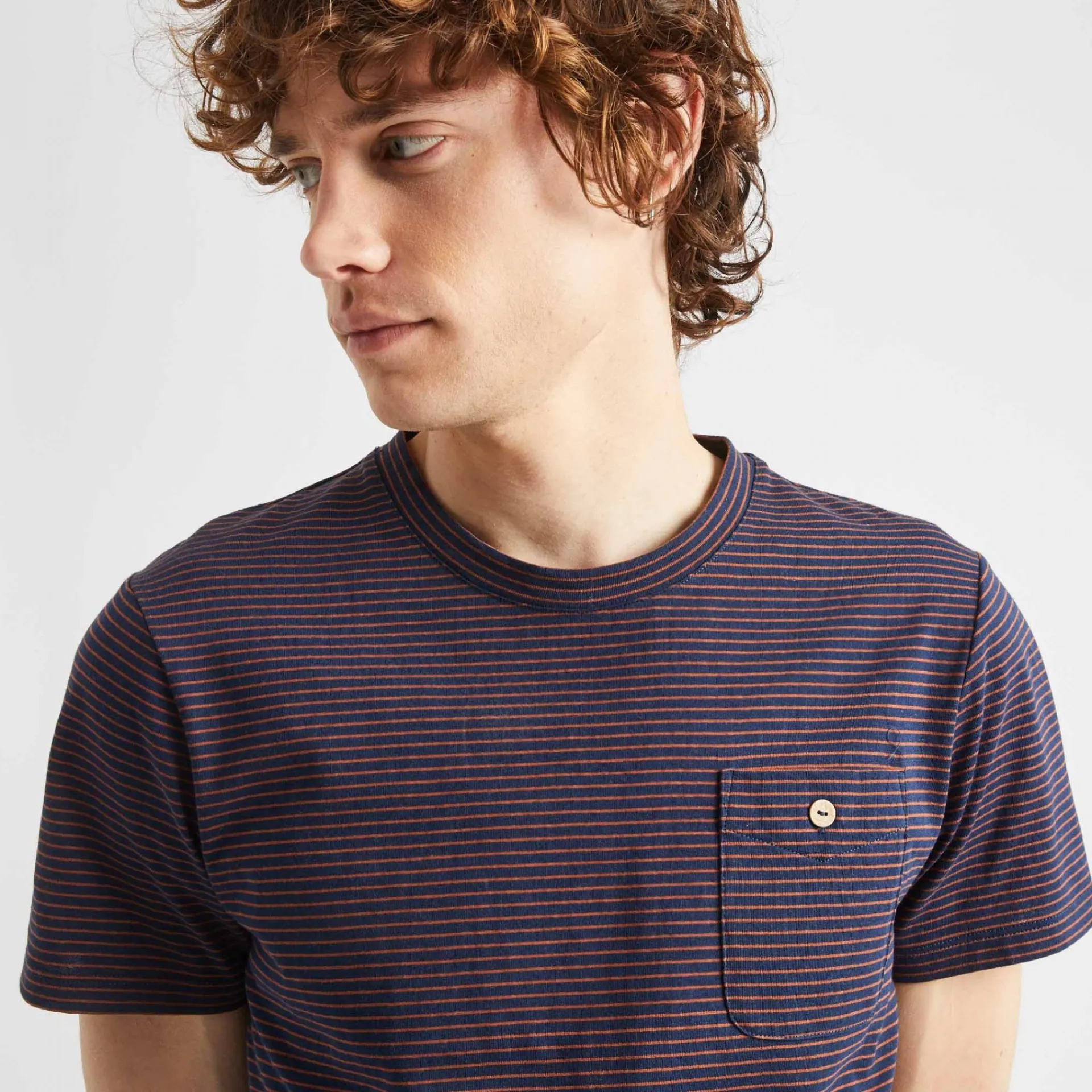 T-Shirts*FAGUO T-Shirt Col Rond Bleu Marine & Camel