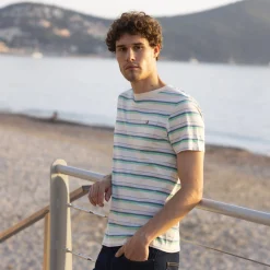 T-Shirts*FAGUO T-Shirt Ecru A Rayures Bleues Et Vertes