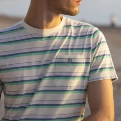T-Shirts*FAGUO T-Shirt Ecru A Rayures Bleues Et Vertes